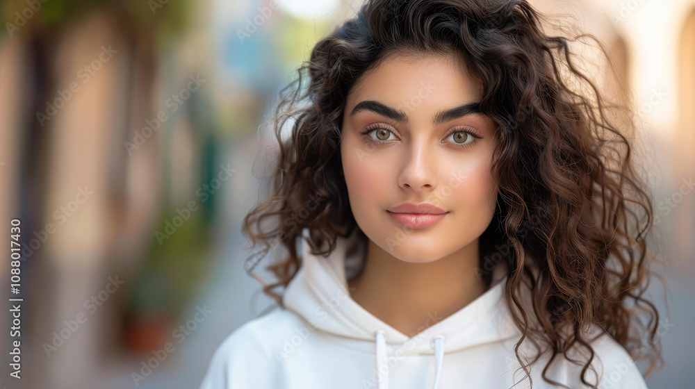 A middleaged woman with brown curly hair sports a blank white hoodie, perfect for showcasing your logo design in the city. A middleaged woman with brown curly hair sports a blank white hoodie, perfect for showcasing your logo design in the city.