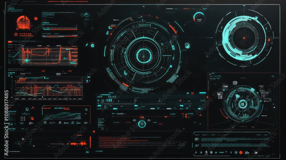 Fototapeta premium Futuristic Data Visualization Interface with Interactive Graphs, Analytical Displays, and Digital Readouts in a High-Tech Design for Advanced Technology Concepts