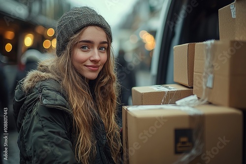 A courier in uniform delivering a parcel to a happy young woman outdoors, near the front yard of her house