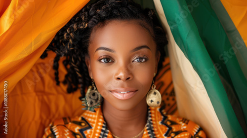 A stunning portrait of a graceful African woman against a vibrant panAfrican flag backdrop, exuding strength and beauty. photo