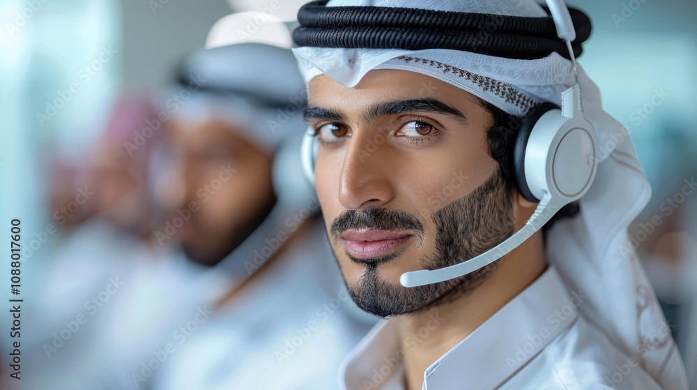 An Arabian customer representative skillfully assists clients while wearing a headset and using a laptop in a modern office. An Arabian customer representative skillfully assists clients while wearing a headset and using a laptop in a modern office.
