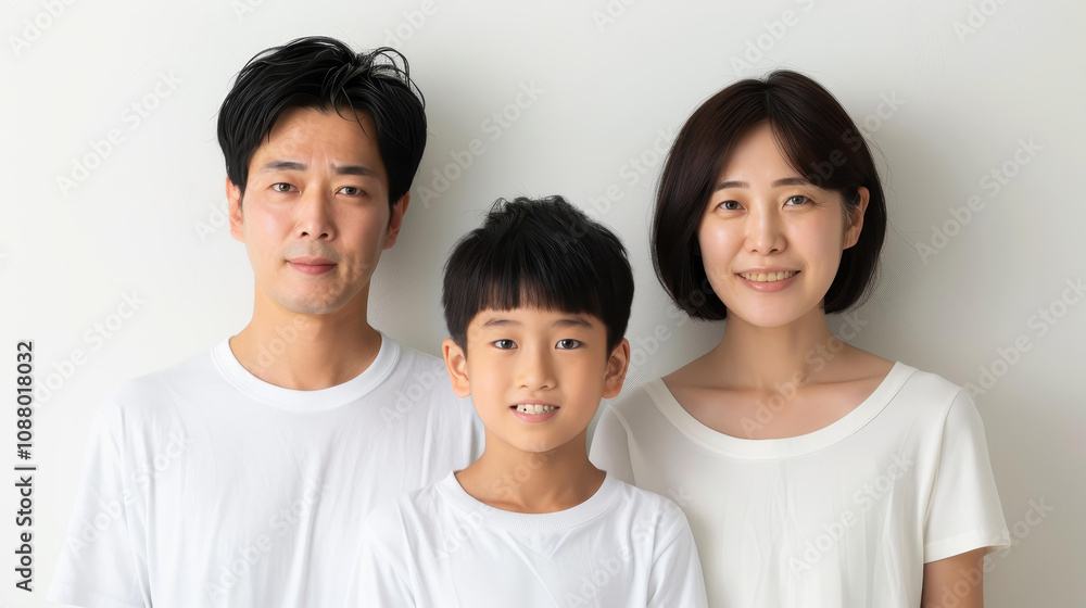 A joyful Asian family is pictured together, with a father, mother, and son smiling on a white backdrop, perfect for sharing love. A joyful Asian family is pictured together, with a father, mother, and son smiling on a white backdrop, perfect for sharing love.