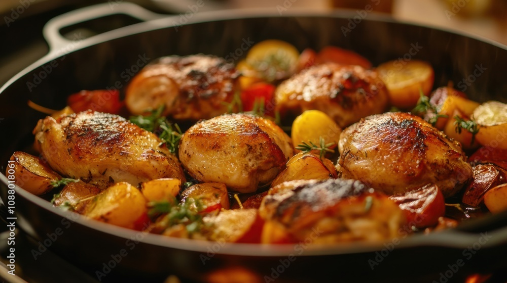 Succulent Roasted Chicken Thighs with Colorful Vegetables and Fresh Herbs in a Cast Iron Skillet for Delicious Home-Cooked Meal Inspiration Succulent Roasted Chicken Thighs with Colorful Vegetables and Fresh Herbs in a Cast Iron Skillet for Delicious Home-Cooked Meal Inspiration
