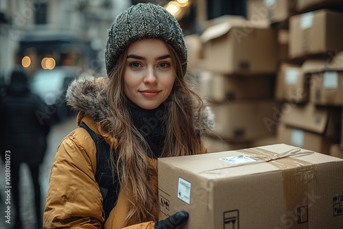 An outdoor delivery scene where a courier hands over a parcel to a smiling young woman on the driveway