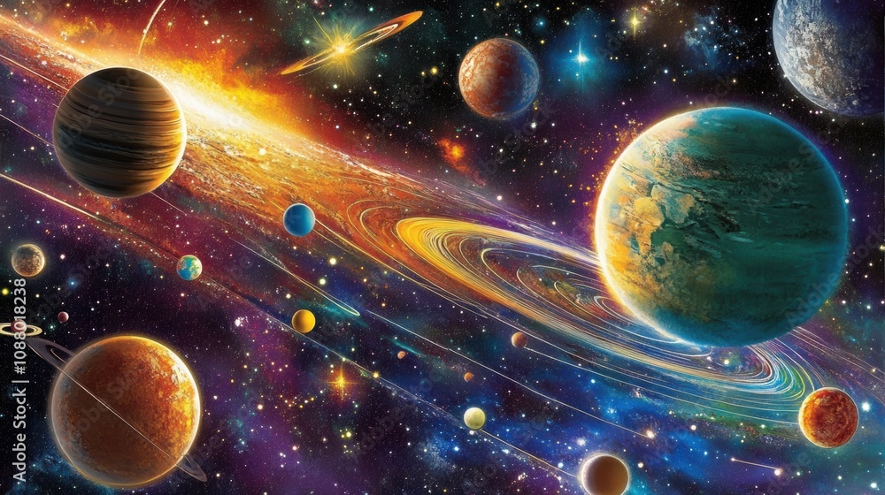 Colorful and Vibrant Representation of a Cosmic Landscape Featuring Various Planets, Stars, and Celestial Bodies in a Stunning Galaxy Scene Colorful and Vibrant Representation of a Cosmic Landscape Featuring Various Planets, Stars, and Celestial Bodies in a Stunning Galaxy Scene