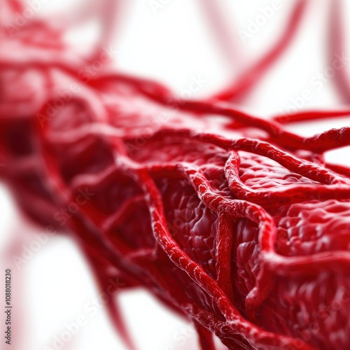 A close-up view of a red, textured vascular structure, representing elements of circulation and blood flow in a biological context.