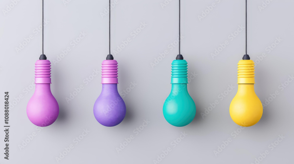 Brightly colored light bulbs in vibrant shades of purple, teal, blue, yellow, and green create a cheerful ambiance. Brightly colored light bulbs in vibrant shades of purple, teal, blue, yellow, and green create a cheerful ambiance.