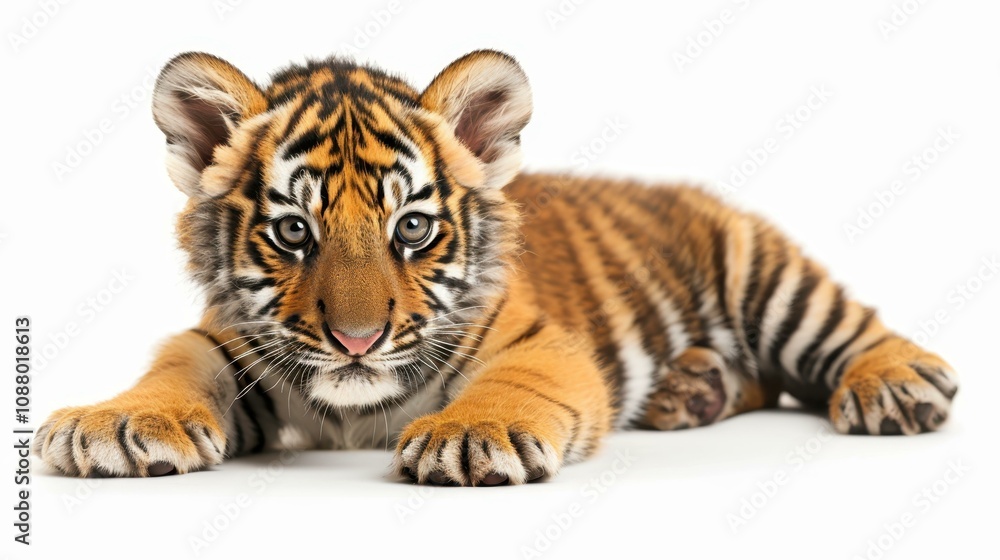 A playful tiger cub resting on a bright white background, exuding innocence and curiosity with every glance. A playful tiger cub resting on a bright white background, exuding innocence and curiosity with every glance.