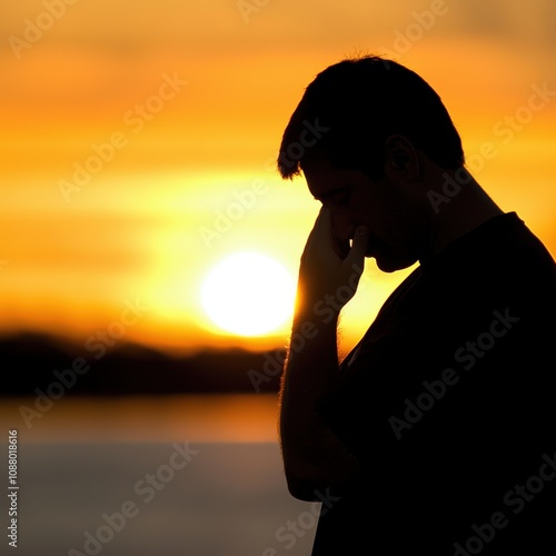 Wallpaper Mural Silhouette of a pensive man against a vibrant sunset backdrop, symbolizing contemplation, solitude, and emotional reflection in a serene natural setting Torontodigital.ca