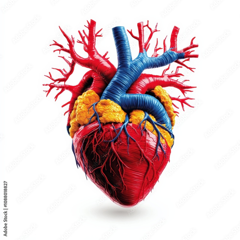 Naklejka premium A colorful, detailed anatomical model of a human heart, showcasing arteries and veins in vibrant colors.