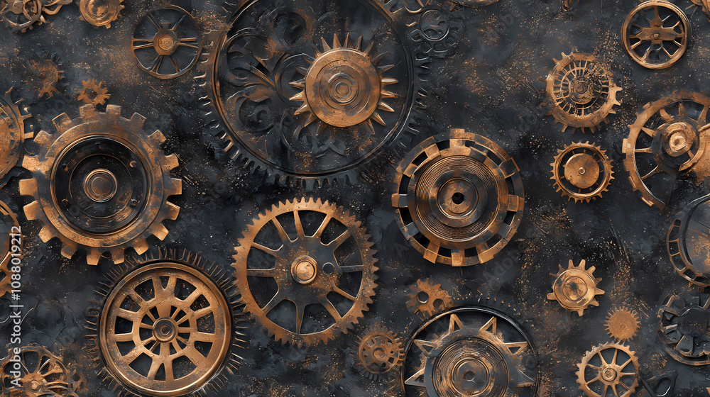 Naklejka premium Steampunk seamless wallpaper with clockwork gears, intricate metallic textures, bronze and copper tones, high detail. Steampunk Clockwork Gears. Illustration