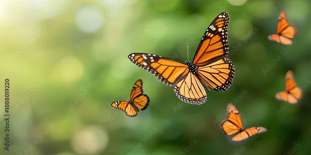 Obraz premium Animals pets migration concept. A vibrant scene featuring multiple orange butterflies fluttering amidst a lush green background, showcasing nature's beauty and the elegance of these insects.