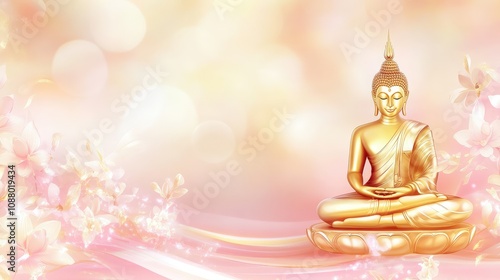 Serene Golden Buddha Statue Surrounded by Soft Pink Bokeh and Delicate Floral Accents for Tranquil Meditation and Spiritual Inspiration