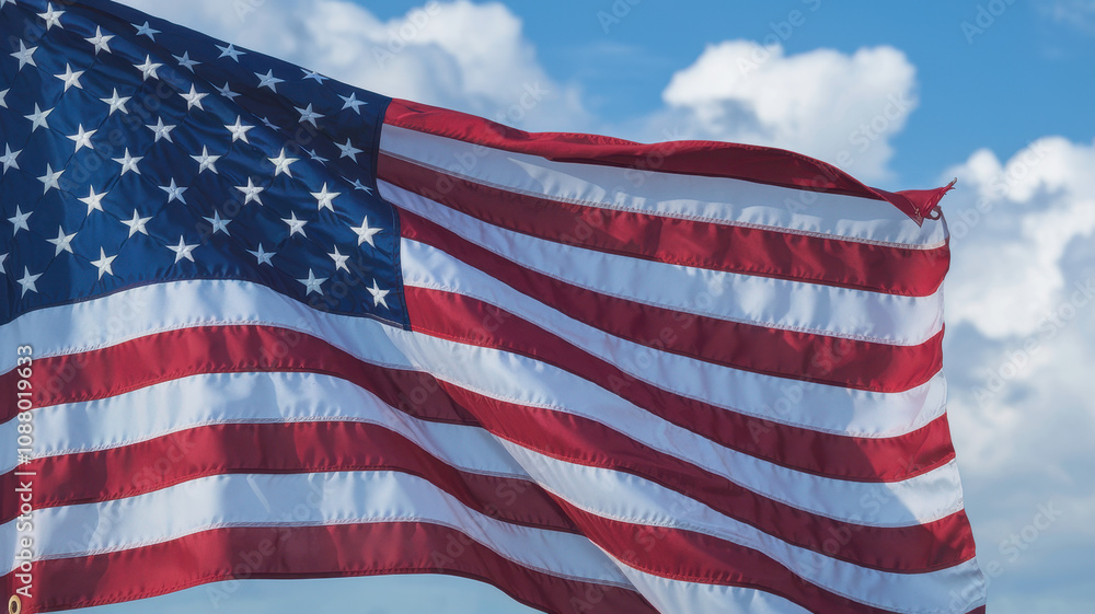Obraz premium A vibrant American flag waving proudly against a bright blue sky with fluffy white clouds, symbolizing patriotism and national pride.