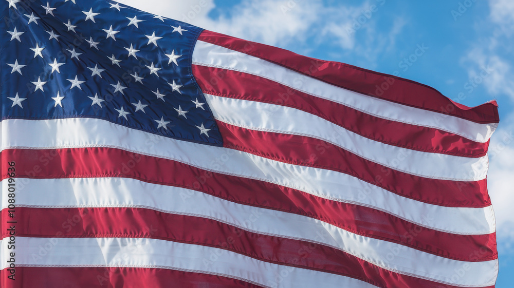 Fototapeta premium A vibrant American flag billowing in the breeze against a bright blue sky, symbolizing national pride and unity.