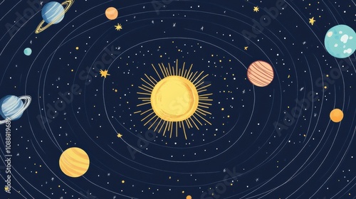 Vibrant Illustration of Solar System Featuring Sun and Planets with Stars in a Dark Cosmic Background for Educational and Creative Use