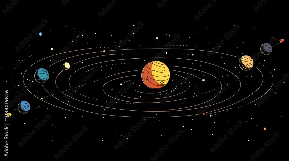 Obraz premium Colorful Artistic Representation of the Solar System Featuring Planets, Asteroids, and Orbiting Paths in a Black Background Ideal for Educational and Creative Projects