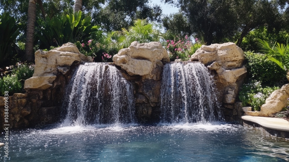 Fototapeta premium Beautiful Natural Waterfalls Flowing into a Tranquil Pool Surrounded by Lush Greenery and Vibrant Tropical Plants in an Idyllic Outdoor Setting