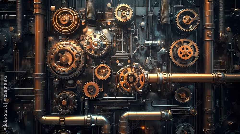 Futuristic steampunk mechanism with intricate gears and pipes , technology, abstract, high-tech, machine, futuristic. Steampunk Clockwork Gears. Illustration Futuristic steampunk mechanism with intricate gears and pipes , technology, abstract, high-tech, machine, futuristic. Steampunk Clockwork Gears. Illustration