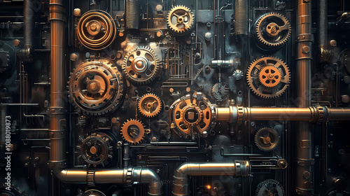 Futuristic steampunk mechanism with intricate gears and pipes , technology, abstract, high-tech, machine, futuristic. Steampunk Clockwork Gears. Illustration