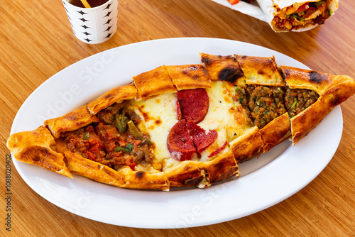 Pide with minced meat, vegetables and cheese. Turkish cuisine photo