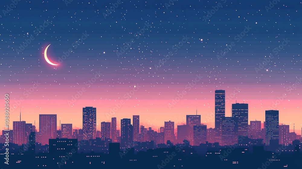Night view of beautiful city with shiny stars and big moon. Night view of beautiful city with shiny stars and big moon.