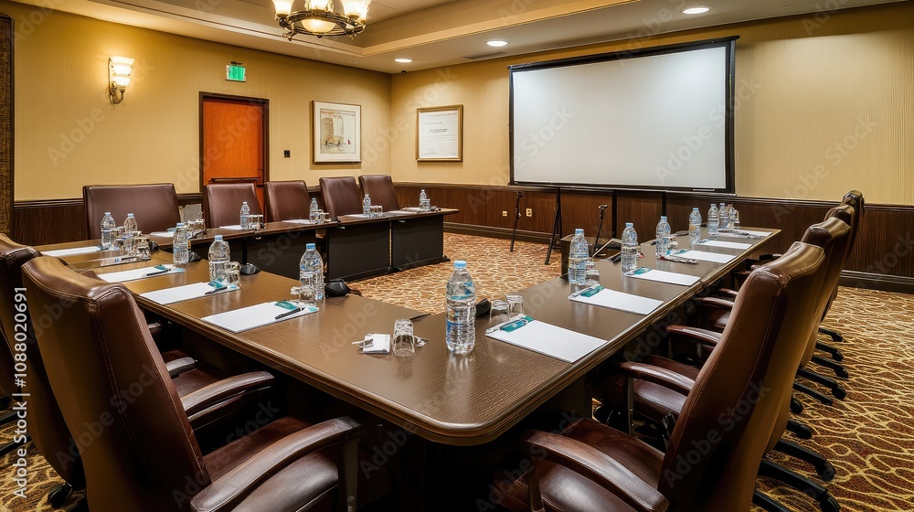 Modern Conference Room Setup with Dark Wood Furniture, Ergonomic Chairs, Projector Screen, and Bottled Water for a Professional Meeting Environment Modern Conference Room Setup with Dark Wood Furniture, Ergonomic Chairs, Projector Screen, and Bottled Water for a Professional Meeting Environment