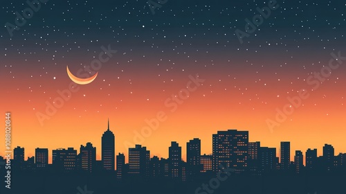 Night view of beautiful city with shiny stars and big moon. photo