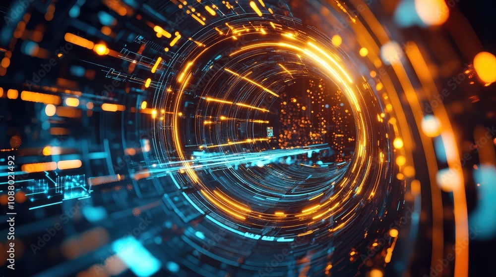 Futuristic Digital Tunnel with Bright Orange and Blue Lights Illustrating Technology Concepts and Network Connectivity in a High-Tech Environment Futuristic Digital Tunnel with Bright Orange and Blue Lights Illustrating Technology Concepts and Network Connectivity in a High-Tech Environment