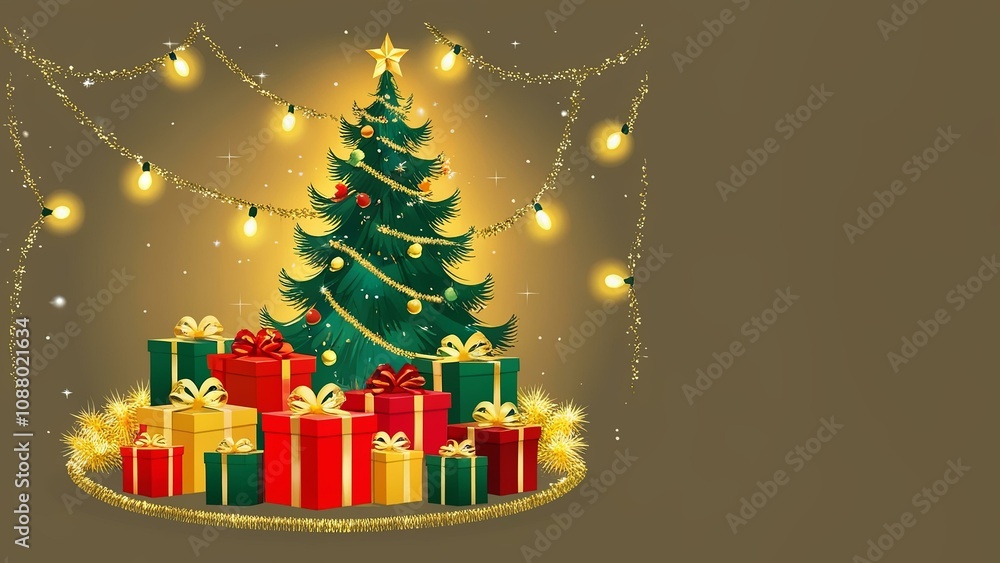 Christmas tree with colorful gifts and festive lights on golden background for holiday design and marketing promotions Christmas tree with colorful gifts and festive lights on golden background for holiday design and marketing promotions