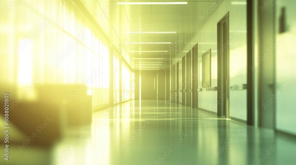 A long, bright hallway with a view of windows at the end of the hall. A long, bright hallway with a view of windows at the end of the hall.