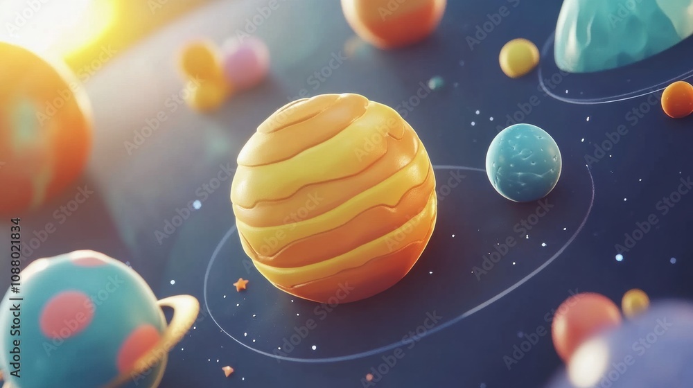 Naklejka premium Colorful and Playful Illustration of a Vibrant Solar System With Cartoonish Planets, Stars, and Cosmic Elements Set Against a Deep Space Background