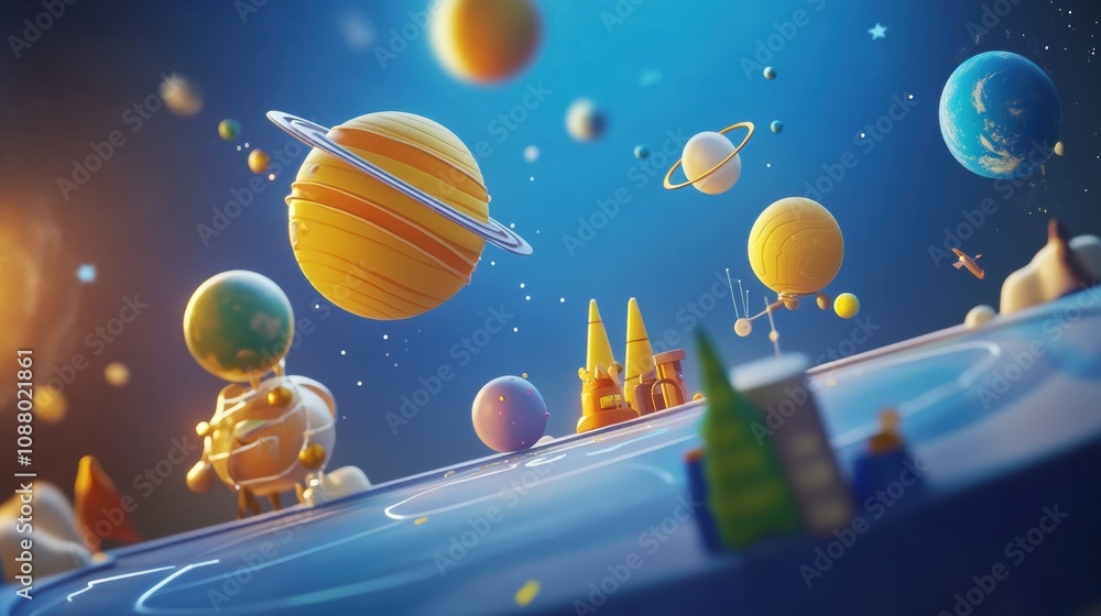 Naklejka premium Colorful 3D Illustration of a Fantastical Space Scene Featuring Planets, Astronauts, and Vibrant Celestial Bodies Against a Magical Cosmic Background