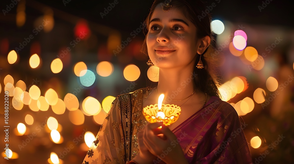 A young woman holds a decorative diya amidst a festive atmosphere, celebrating a cultural festival with lights. A young woman holds a decorative diya amidst a festive atmosphere, celebrating a cultural festival with lights.