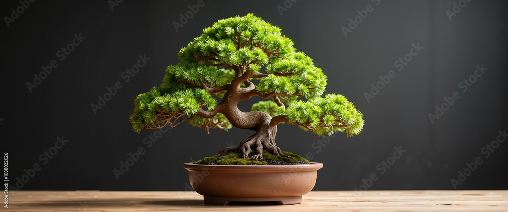 Elegant bonsai tree on wooden table, Japanese zen art Elegant bonsai tree on wooden table, Japanese zen art
