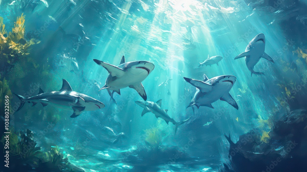 Obraz premium A school of sharks swim through a sunlit underwater cave.