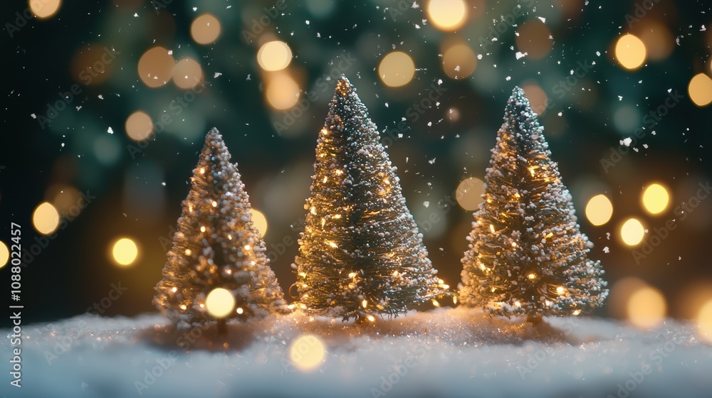Enchanting Winter Scene with Snow-Covered Christmas Trees and Soft Bokeh Lights Creating a Magical Holiday Atmosphere Perfect for Seasonal Celebrations Enchanting Winter Scene with Snow-Covered Christmas Trees and Soft Bokeh Lights Creating a Magical Holiday Atmosphere Perfect for Seasonal Celebrations