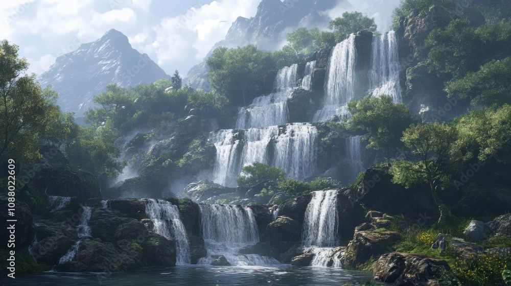 Fototapeta premium Majestic Scenic Waterfall Surrounded by Lush Greenery and Towering Mountains in a Serene Nature Landscape