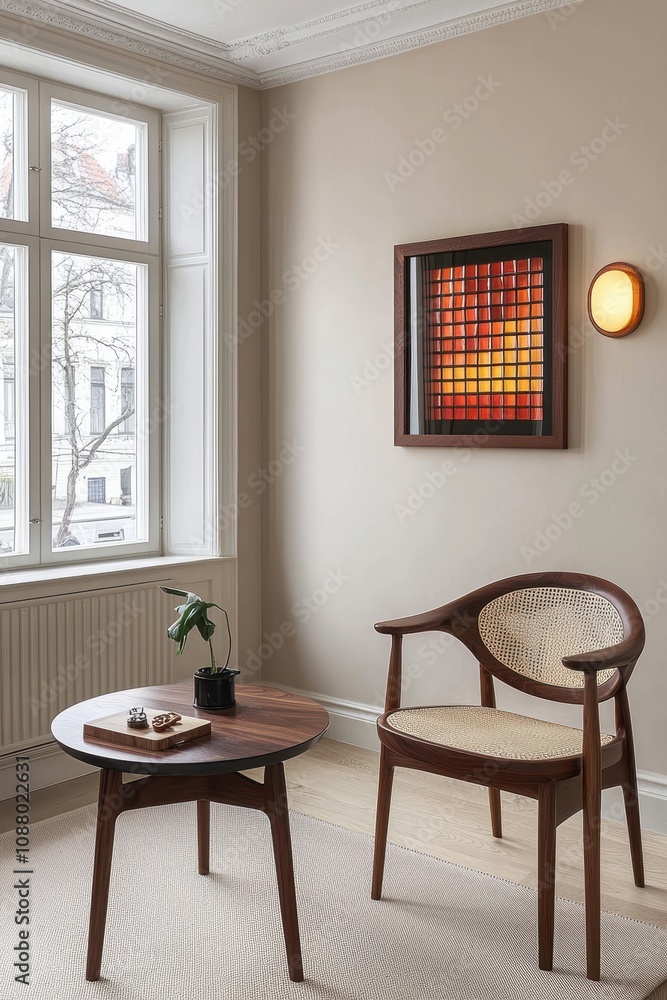 Fototapeta premium Modern Living Room with Wooden Chair, Round Table, and Contemporary Wall Art in a Cozy, Minimalist Interior Design Featuring Natural Light and Neutral Tones
