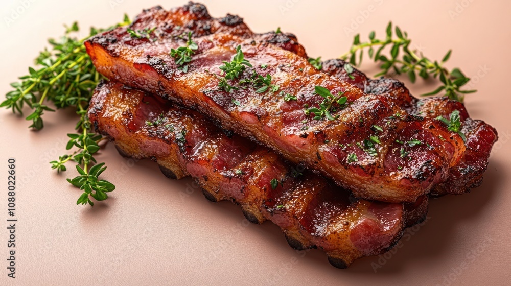 Grilled ribs garnished with herbs on a neutral background. Grilled ribs garnished with herbs on a neutral background.