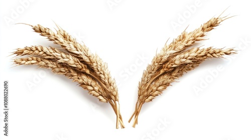 Two bunches of wheat stalks with golden ears arranged in a V shape against a white background.