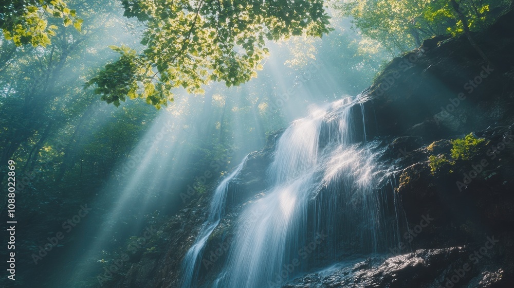 Serene Waterfall Cascading Over Rocks in a Lush Forest with Sunlight Filtering Through Green Canopy in a Tranquil Nature Scene Serene Waterfall Cascading Over Rocks in a Lush Forest with Sunlight Filtering Through Green Canopy in a Tranquil Nature Scene