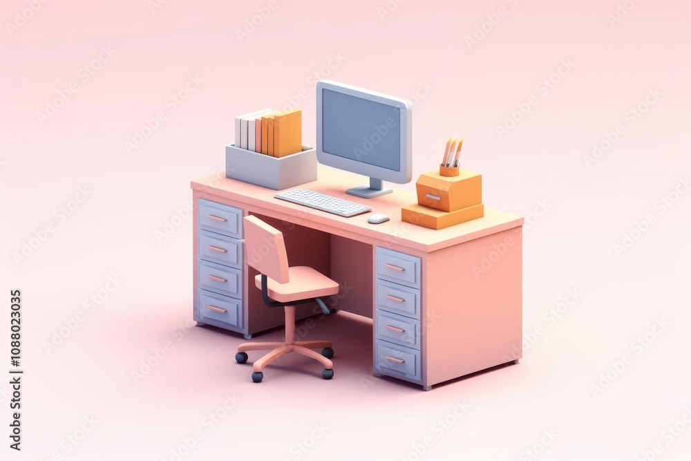 A desk, 3D Rendering, isometric, icon isolated on soft background A desk, 3D Rendering, isometric, icon isolated on soft background