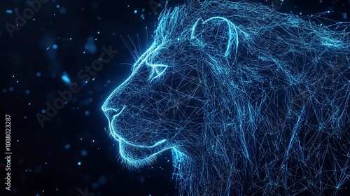 A blue luminous digital lion in a starry scene and low poly background. photo