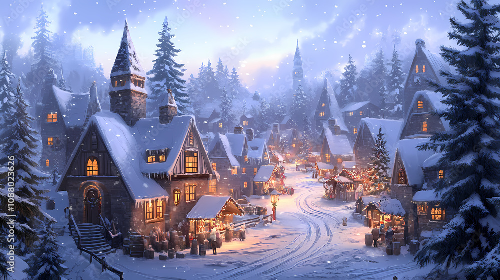 Charming winter village with quaint houses and pine trees, perfect for holiday themes and seasonal decor. Charming Village Market. Illustration Charming winter village with quaint houses and pine trees, perfect for holiday themes and seasonal decor. Charming Village Market. Illustration