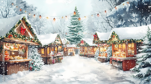 Fototapeta Naklejka Na Ścianę i Meble -  Charming watercolor painting of a festive christmas market with decorated stalls, snow-covered trees, and seasonal decorations. Charming Village Market. Illustration