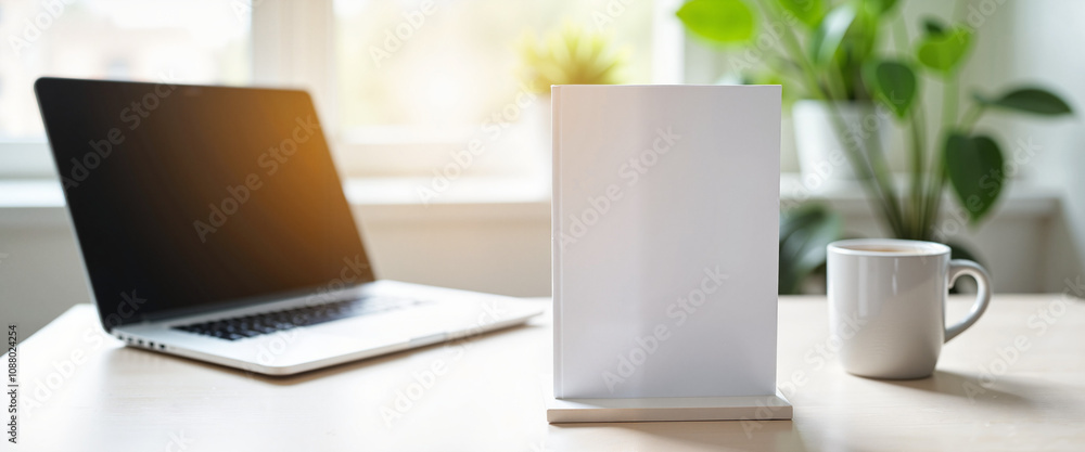 Fototapeta premium Laptop and blank stand on desk with coffee, modern workspace