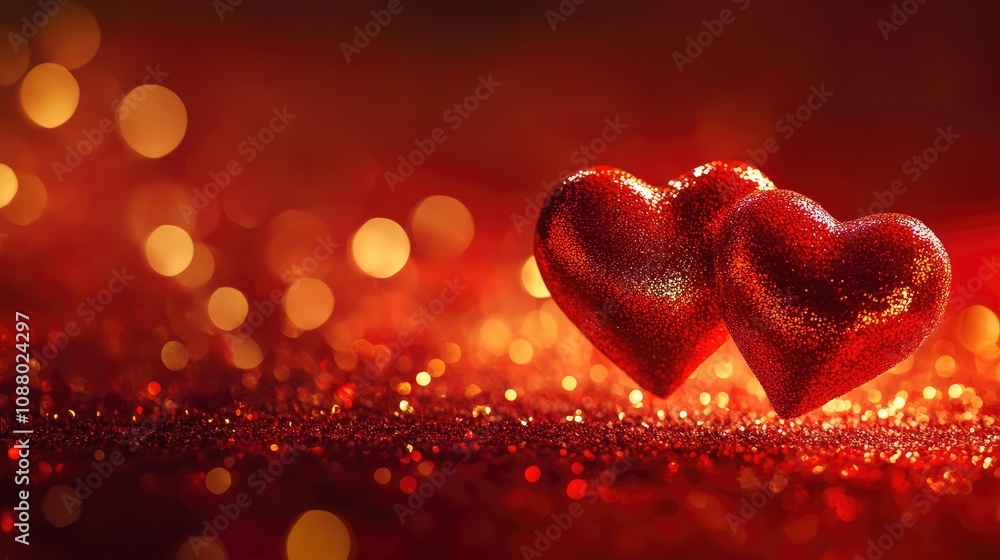 Two Glimmering Red Hearts on a Shimmering Surface with Warm Bokeh Background, Perfect for Celebrating Love and Romantic Occasions Two Glimmering Red Hearts on a Shimmering Surface with Warm Bokeh Background, Perfect for Celebrating Love and Romantic Occasions