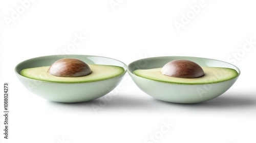Two halves of an avocado with the pit still in each half, in two small bowls on a white background.