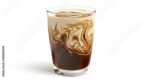 A glass of coffee with milk and swirls of coffee and cream.